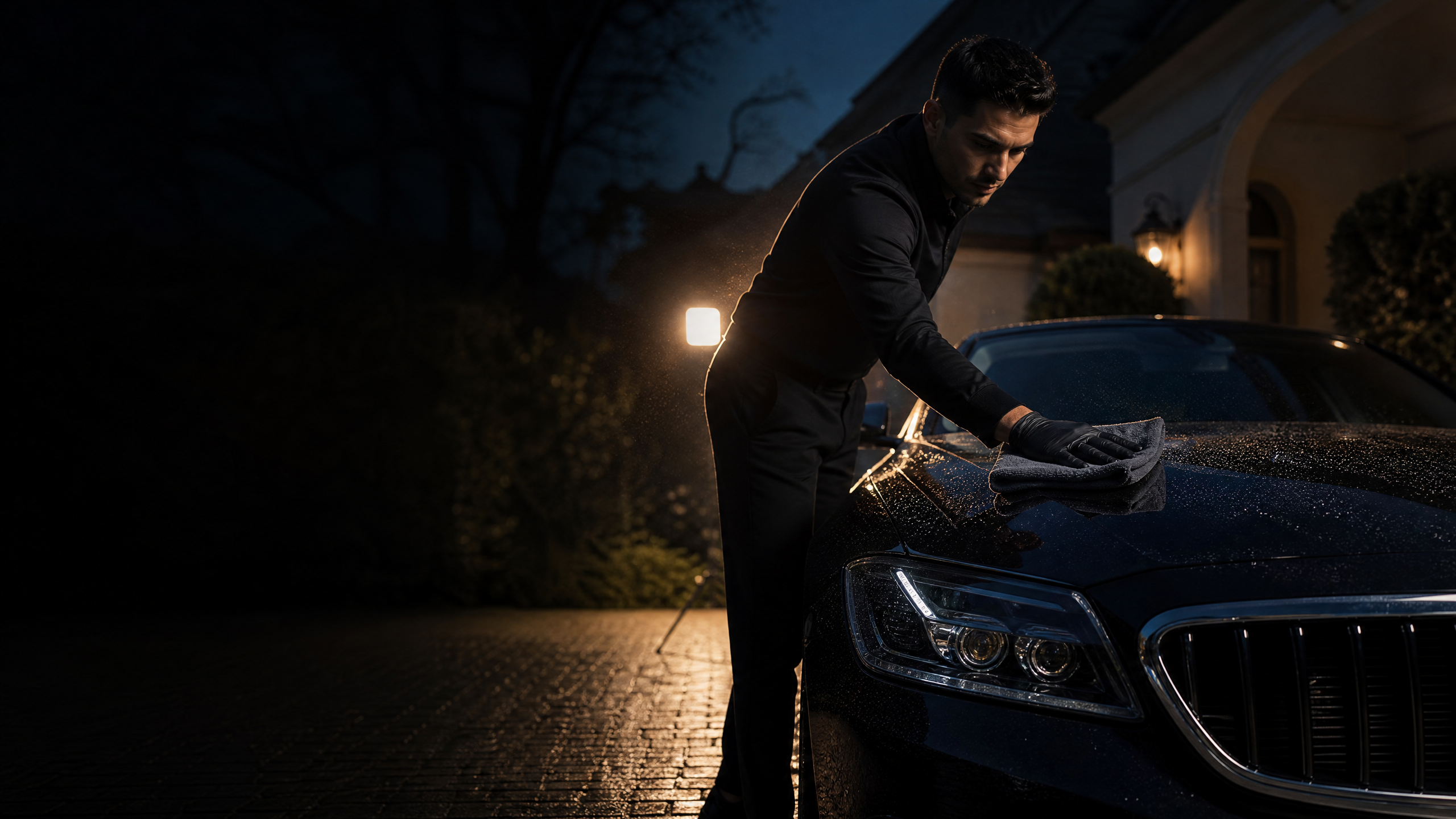 Glossy vehicle in a Houston driveway at blue hour